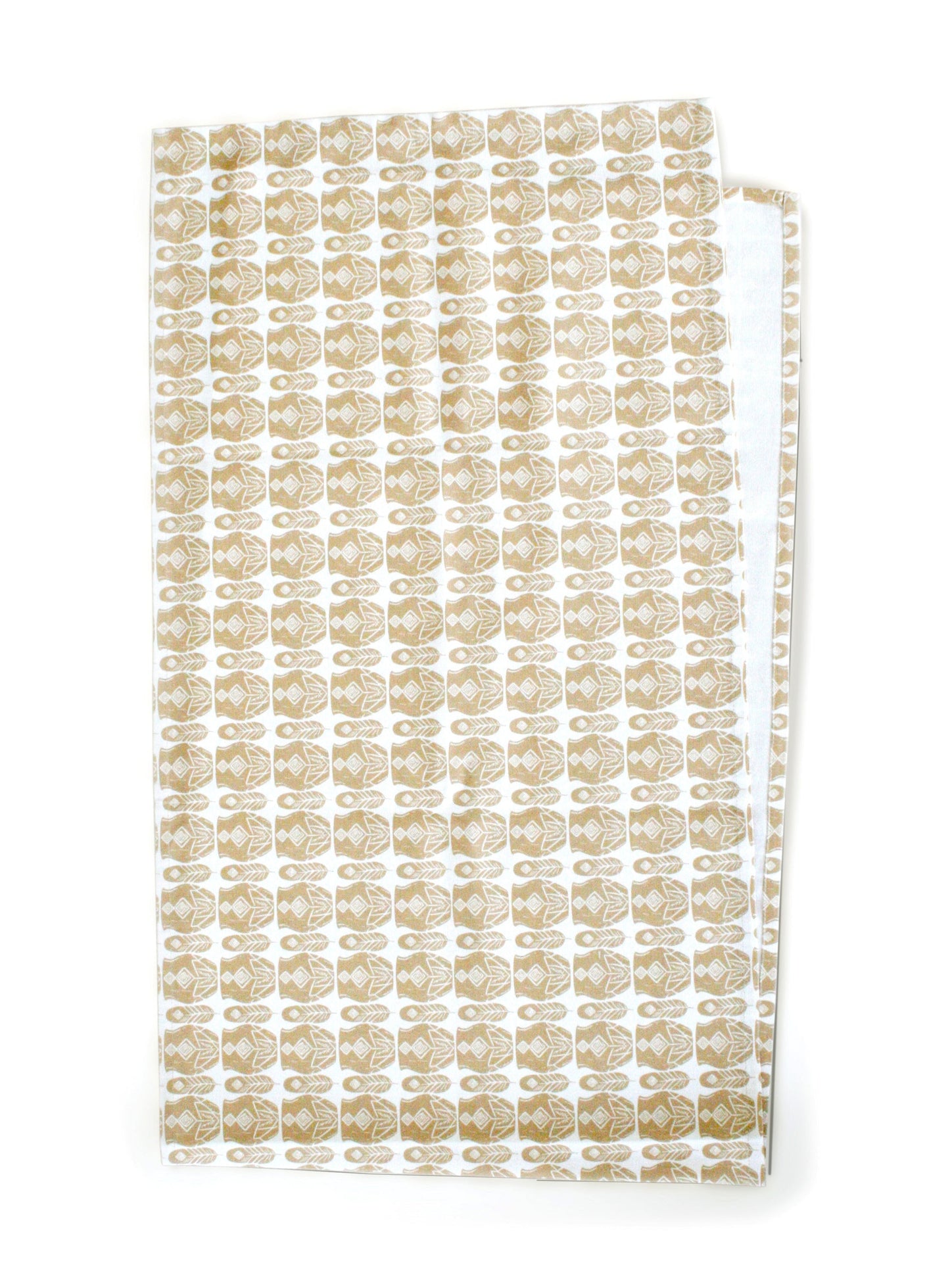 Geometrisk bordslöpare terracotta 40×140 - repetitivt turkost och vitt fjäder- och krukmönster på vit bakgrund