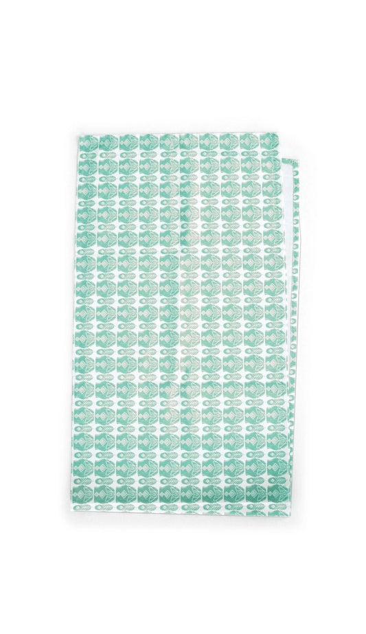 Geometrisk bordslöpare turkos 40×140 - repetitivt turkost och vitt fjäder- och krukmönster på vit bakgrund