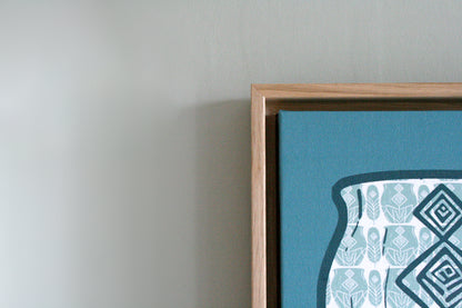 Rytm Canvas Tavla Nordisk med Ekram 30×30 - stiliserade kärl och fjäder i turkos och skogsgrön, inramad modernt print, detaljbild