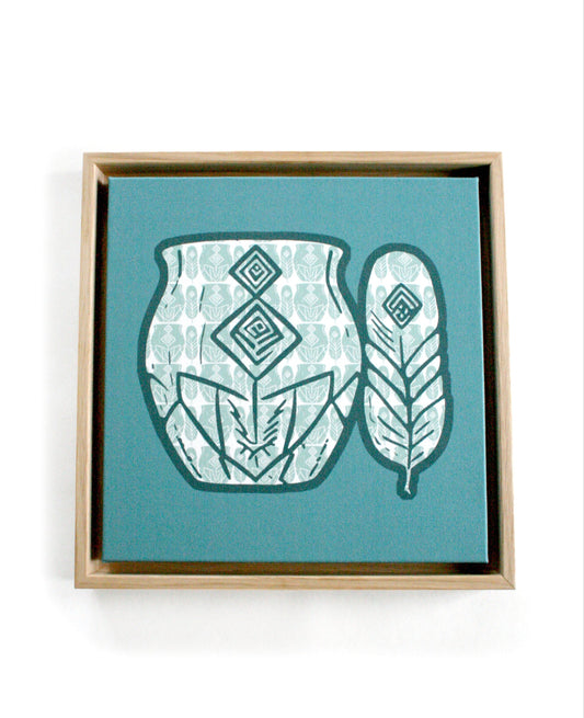 Rytm Canvas Tavla Nordisk med Ekram 30×30 - stiliserade kärl och fjäder i turkos och skogsgrön, inramad modernt print